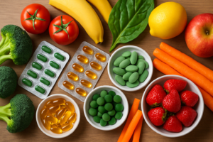 Suplementos naturales acompañados de frutas y verduras frescas: una combinación perfecta para aumentar la energía de forma saludable durante el verano.
