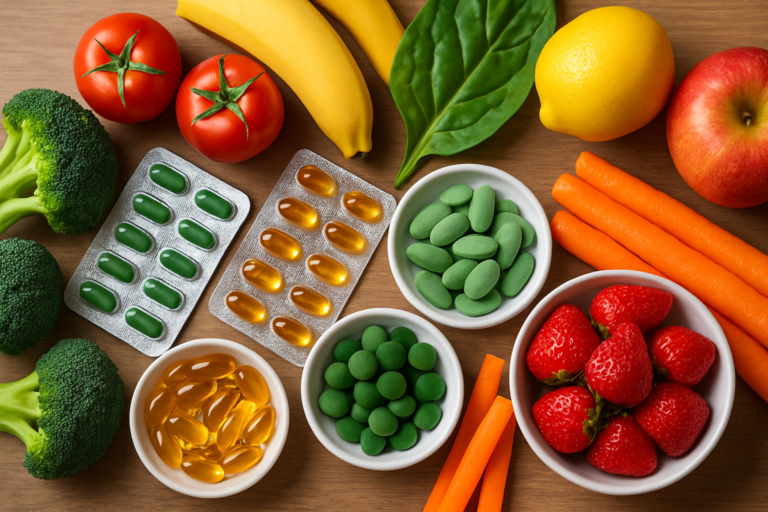 Suplementos naturales acompañados de frutas y verduras frescas: una combinación perfecta para aumentar la energía de forma saludable durante el verano.