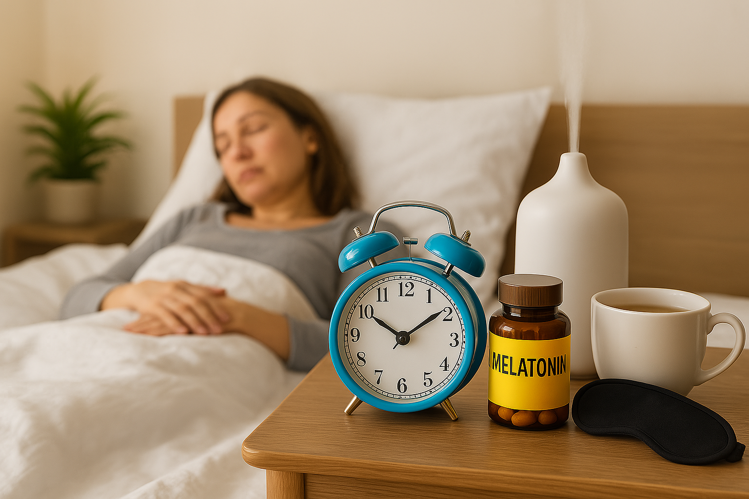 uma mulher dormindo na cama com um despertador azul e uma xícara de chá
